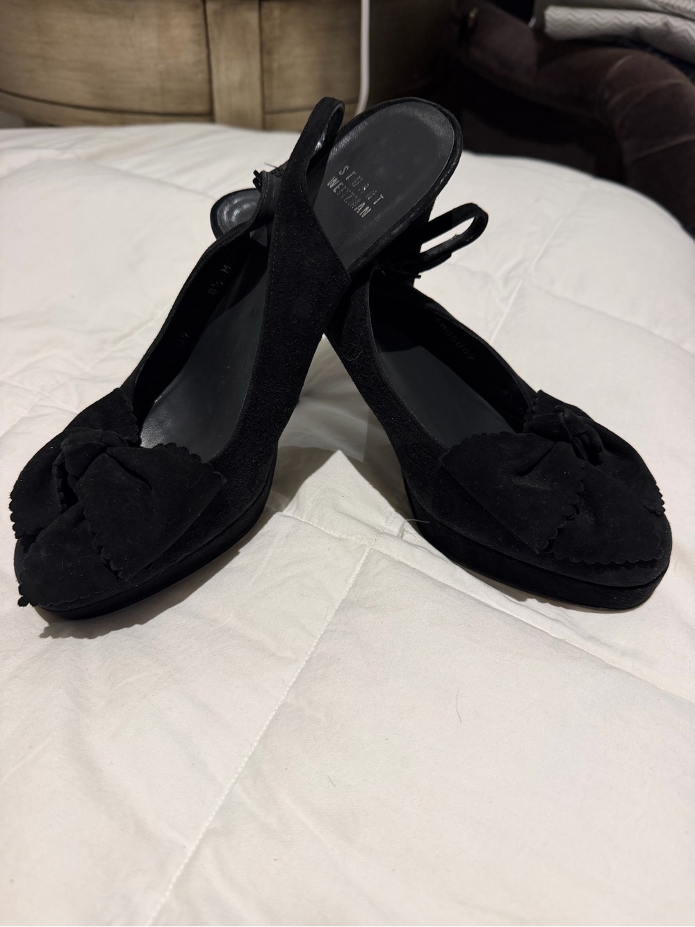 Stuart Weitzman Black Suede Slingback Pumps with Bow Accent